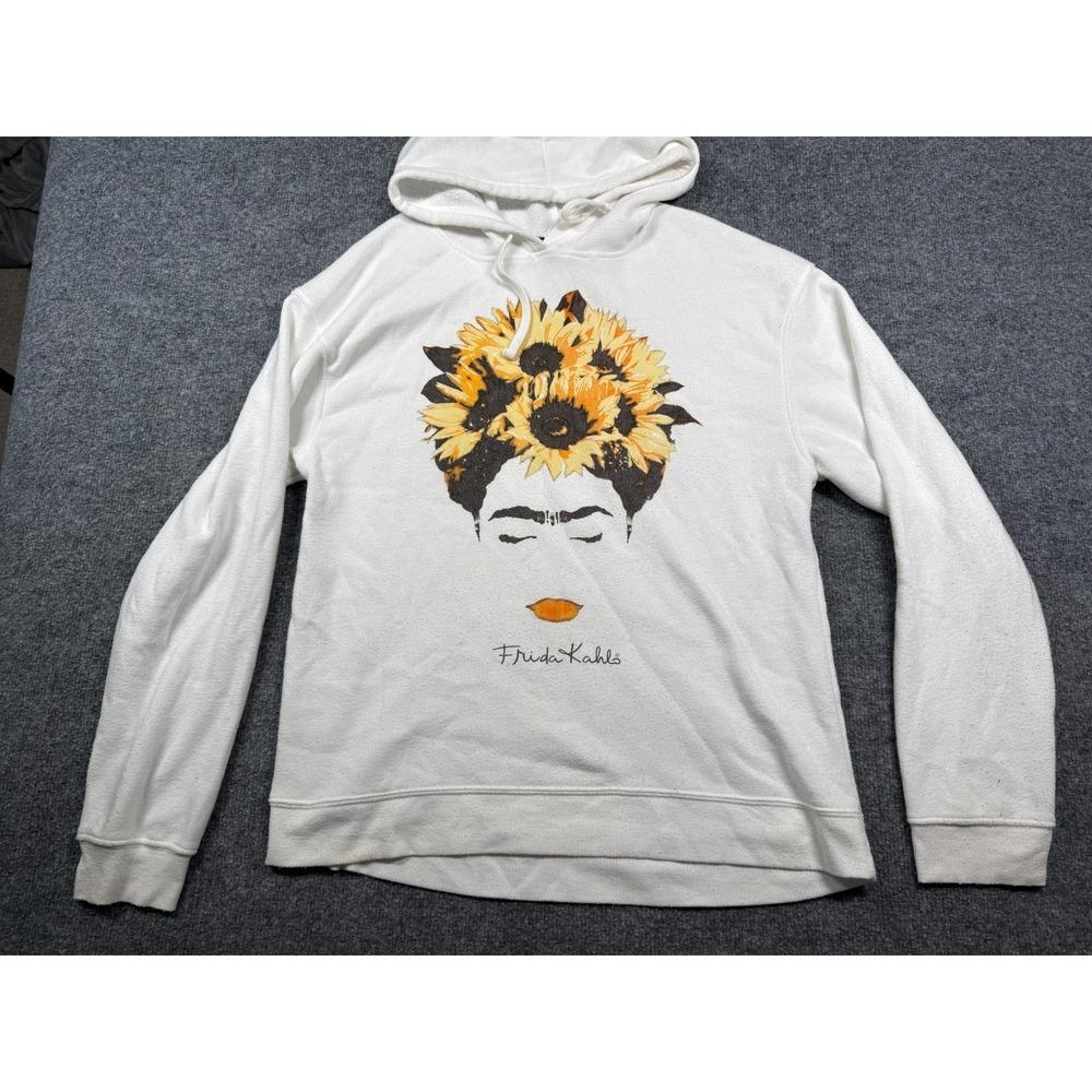 Frida Kahlo by Jerry Leigh Sunflower Hoodie Womens XL White Graphic Long Sleeve